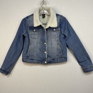 Jou Jou Junior's Blue Denim Faux Fur Lined Jacket Size Large Distressed ButtonUp
